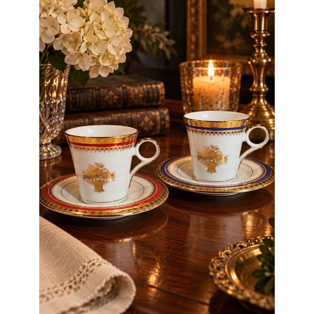 Japanese Porcelain Cup & Saucer Set 2 Red Blue Gold Floral Basket Gilt Vintage